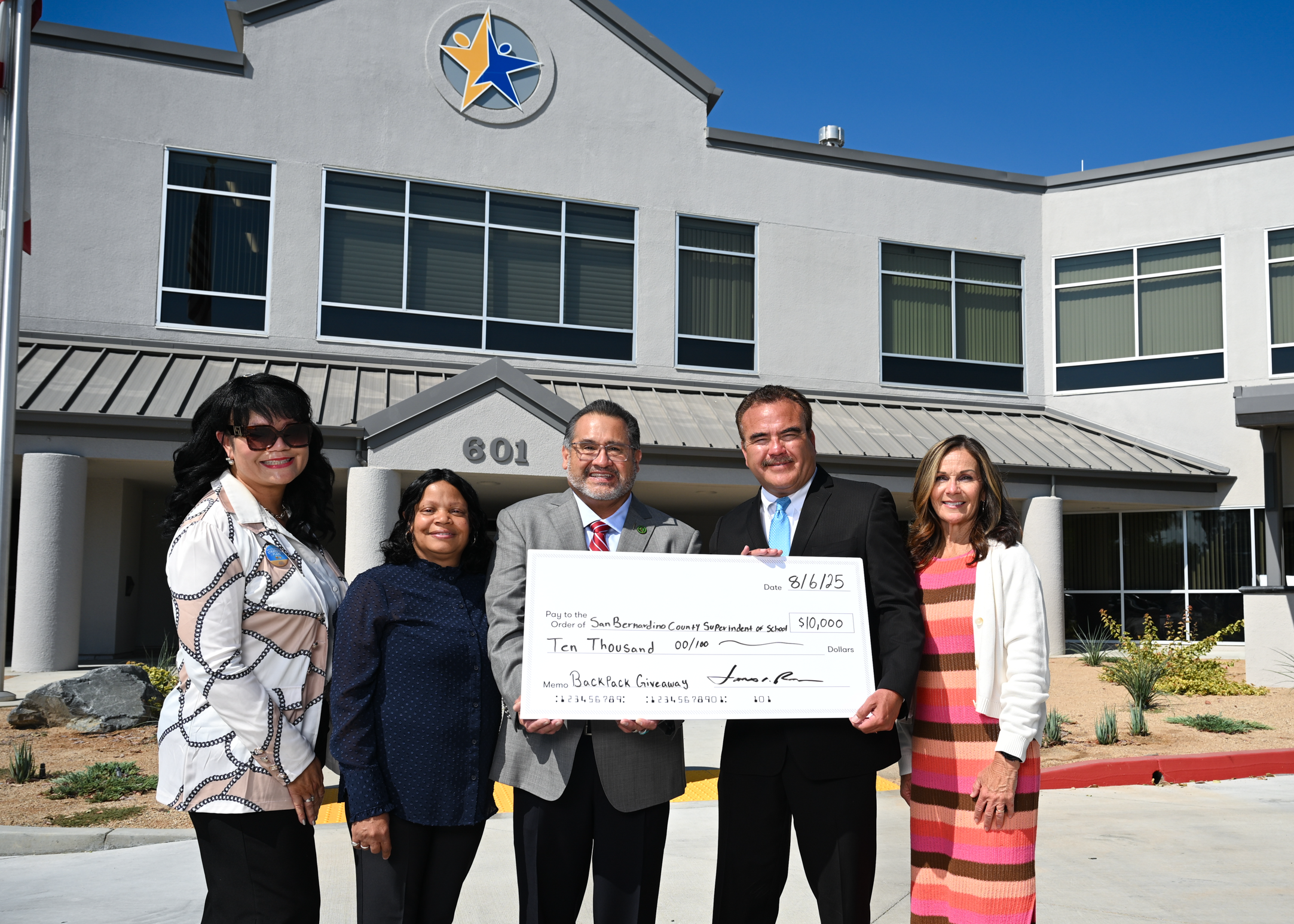(l-r): Tyrese Crawford, Program Coordinator Homeless Education, San Bernardino County Superintendent of Schools; Shonie Perry, Homeless Education Program Specialist, San Bernardino County Superintendent of Schools; Assemblymember James C. Ramos; Ted Alejandre, Superintendent, San Bernardino County Superintendent of Schools; and Dr. Stephanie Houston, Assistant Superintendent of Innovation and Engagement, San Bernardino County Superintendent of Schools.