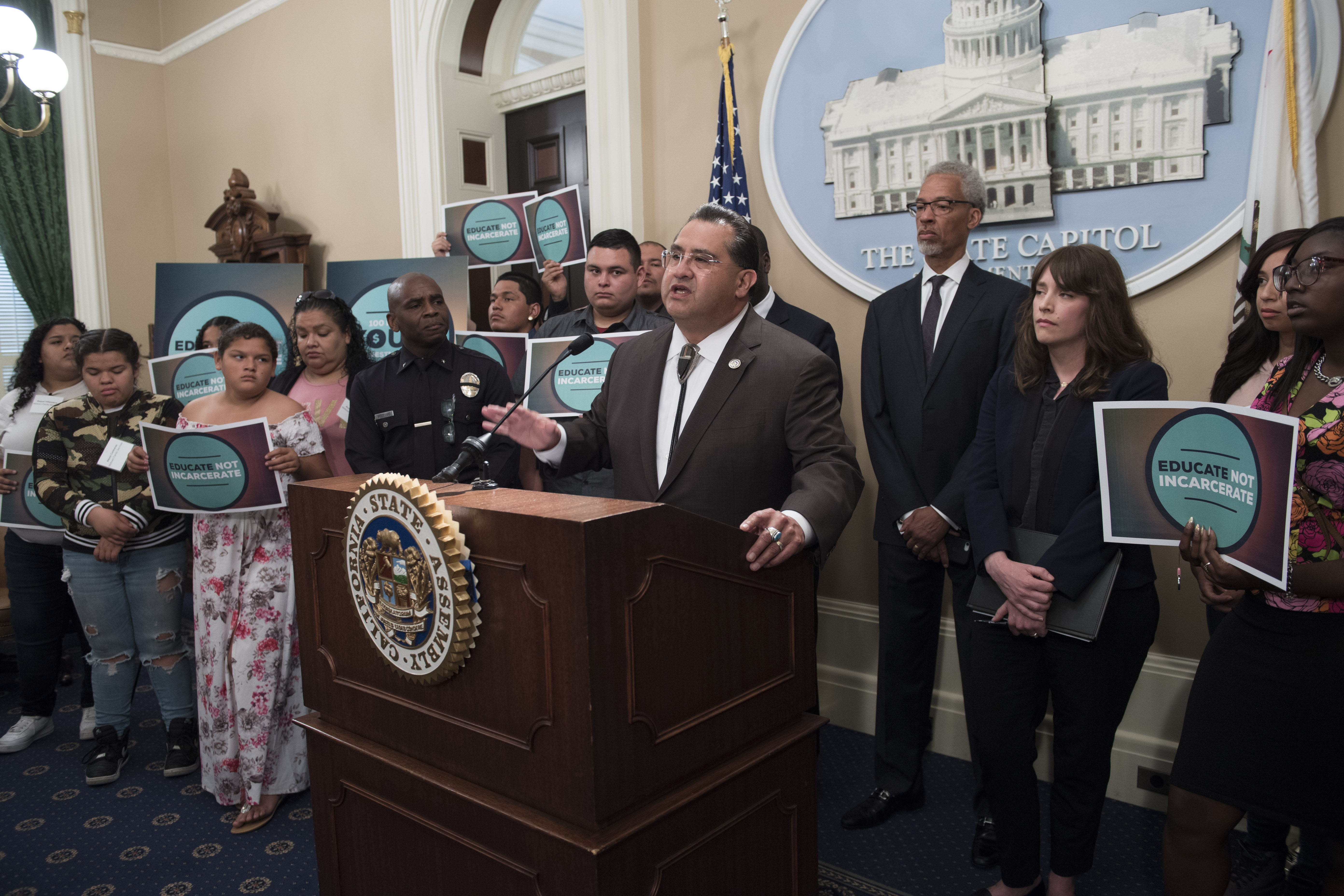 Assemblymember James C. Ramos speaks at a press conference for a request for $10 million in Tribal Youth Diversion Grant funds