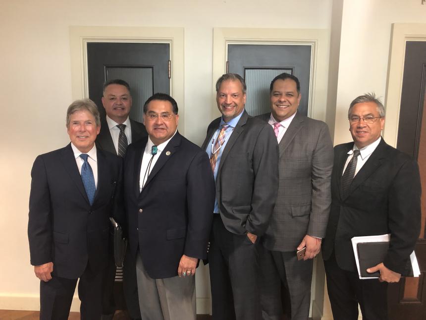 Left to right: Barry Brokaw representing Agua Caliente Band of Cahuilla Indians, Frank Molina representing San Manuel Band of Mission Indians, Assemblymember James C. Ramos, Wilton Rancheria Chairman Chuckie Hitchcock, Afrack Vargas representing Rincon Band of Luiseno Indians, and Chris Lindstrom, Executive Director of the California Tribal Business Alliance.