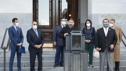 Calvin Hendrick from California Native Voice Project speaks on Capitol steps