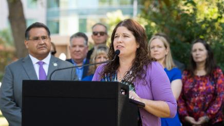 Jenn Rexroad CA Alliance for Caregivers speaking at the AB 2137 Childrens Mental Health Press Conference