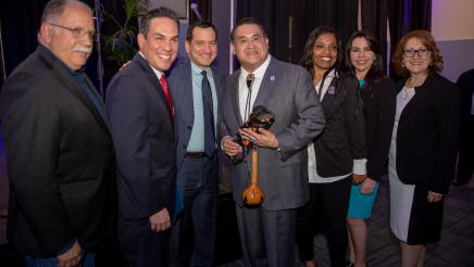Assemblymember James C. Ramos with Assemblymember Jose Medina, COngressman Pete Aguilar, Speaker Anthony Rendon, Assemblymember Blanca Rubio and Assemblymember Eloise Reyes