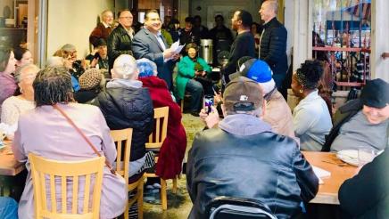 Assmeblymember Ramos speaking to constituents at the San Bernardino Community Coffee
